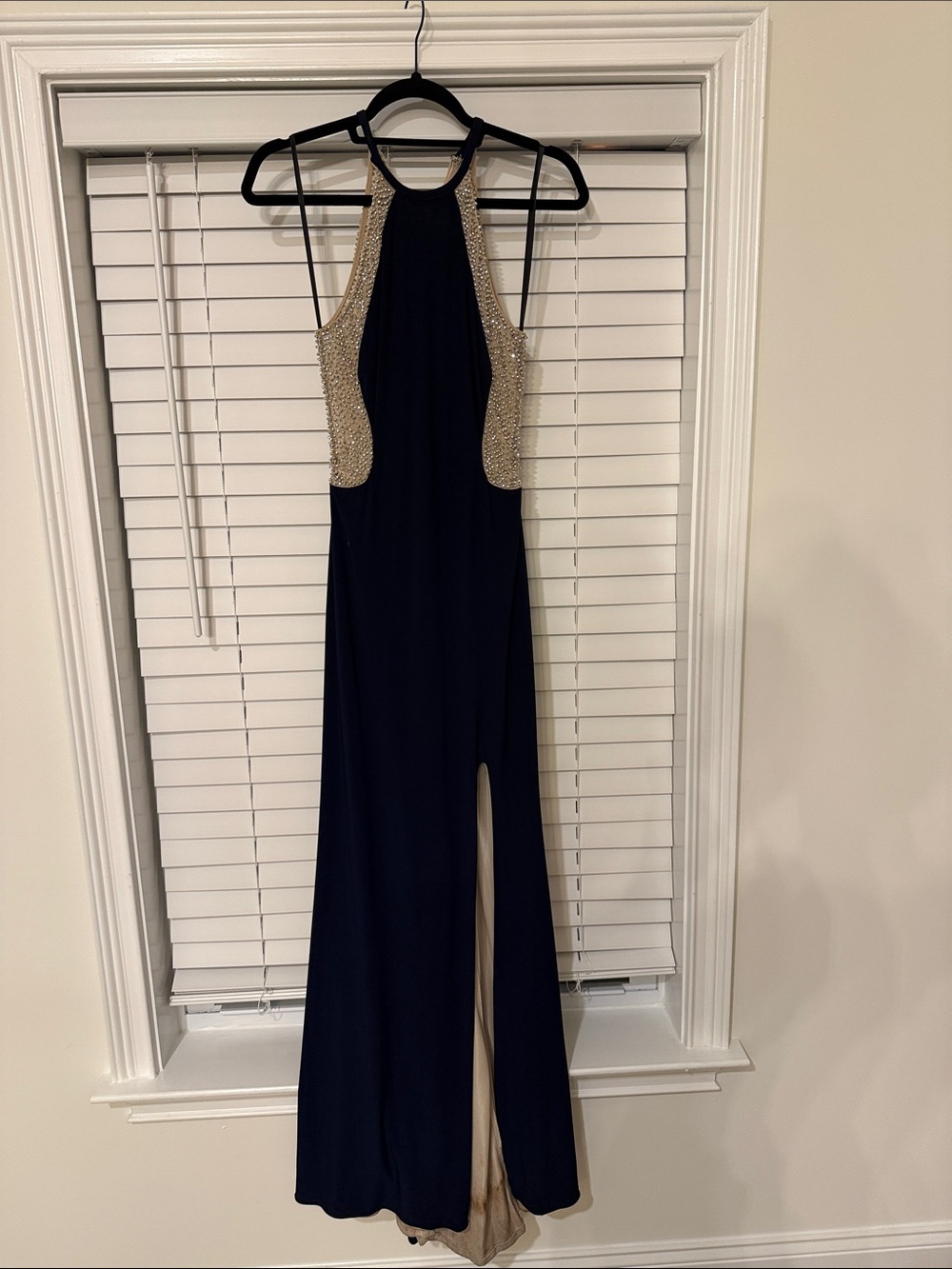 Navy Halter Prom Gown with Gold Beaded Sides